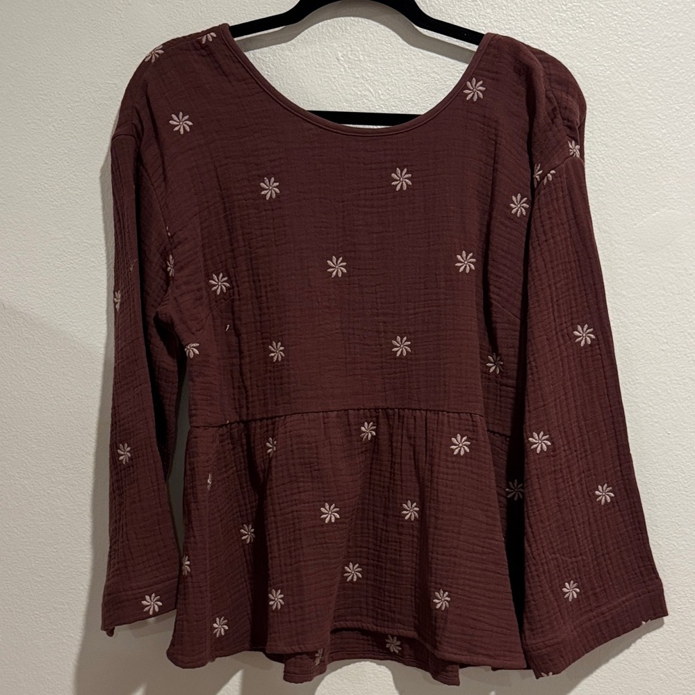 Madewell Maroon Floral Peplum Long-Sleeve Tunic